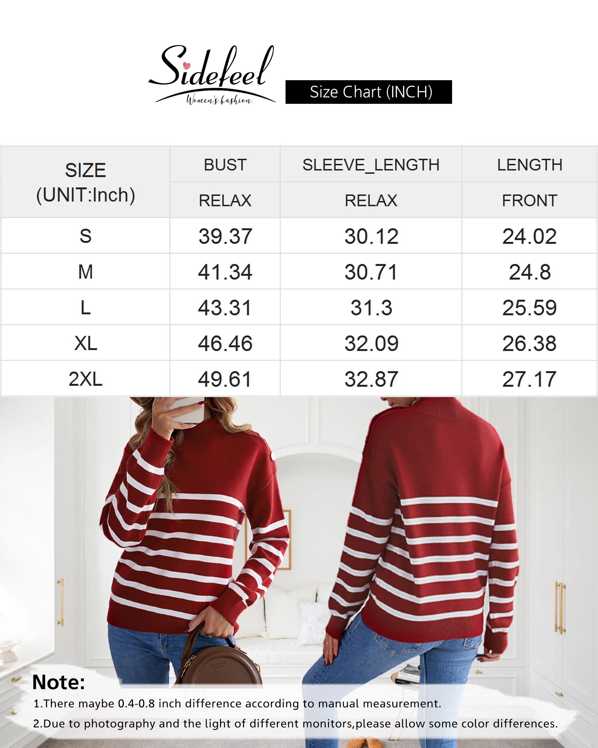 Sidefeel Women's Long Sleeve Knitted Sweater Casual Striped Turtleneck Jumper Tops Red M 8-10