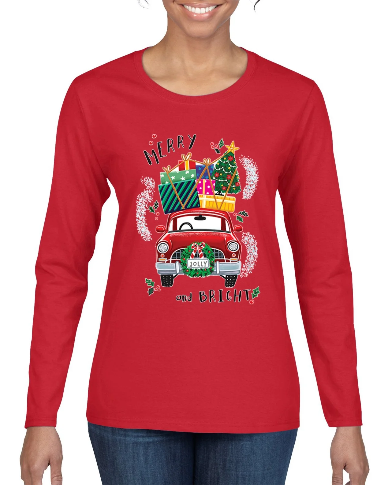 Merry and Bright Red Car Christmas Womens Graphic Long Sleeve T-Shirt, Red, Large