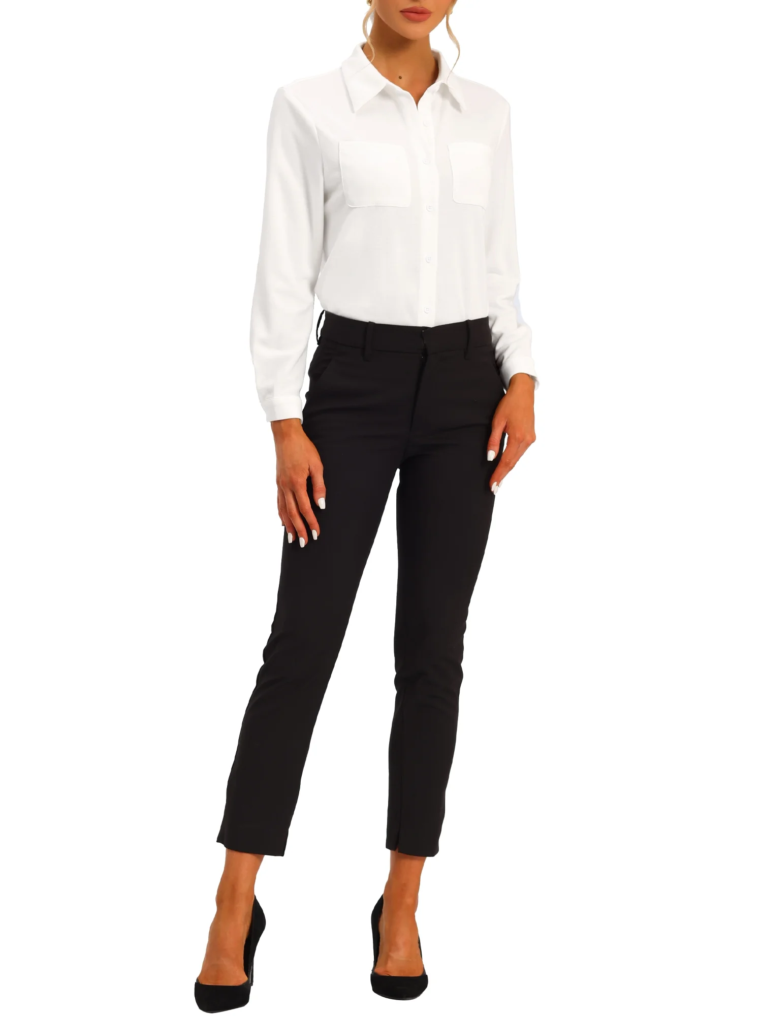 Allegra K Button Down Shirts for Women's Point Collar Long Sleeve Casual Knit Top