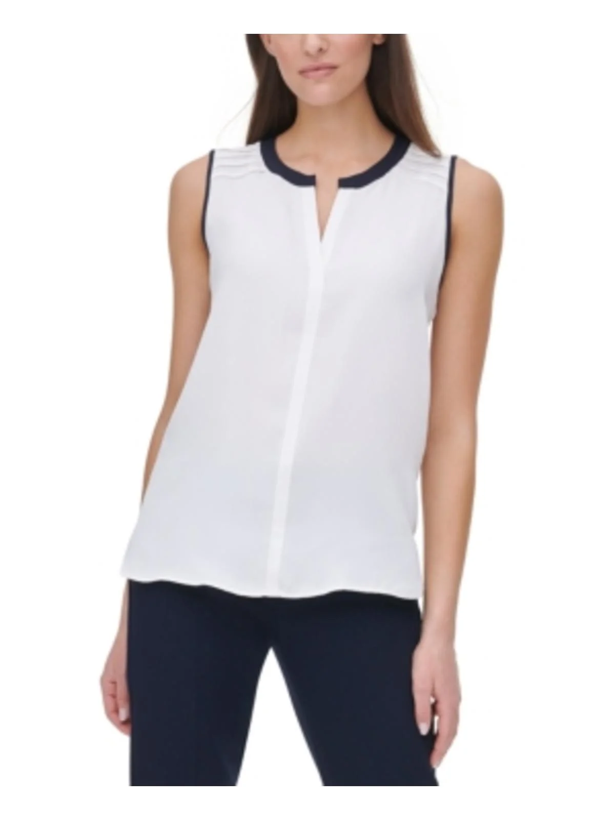 Tommy Hilfiger Women's Contrast-Trim Pleated-Shoulder Top White Size Extra Large