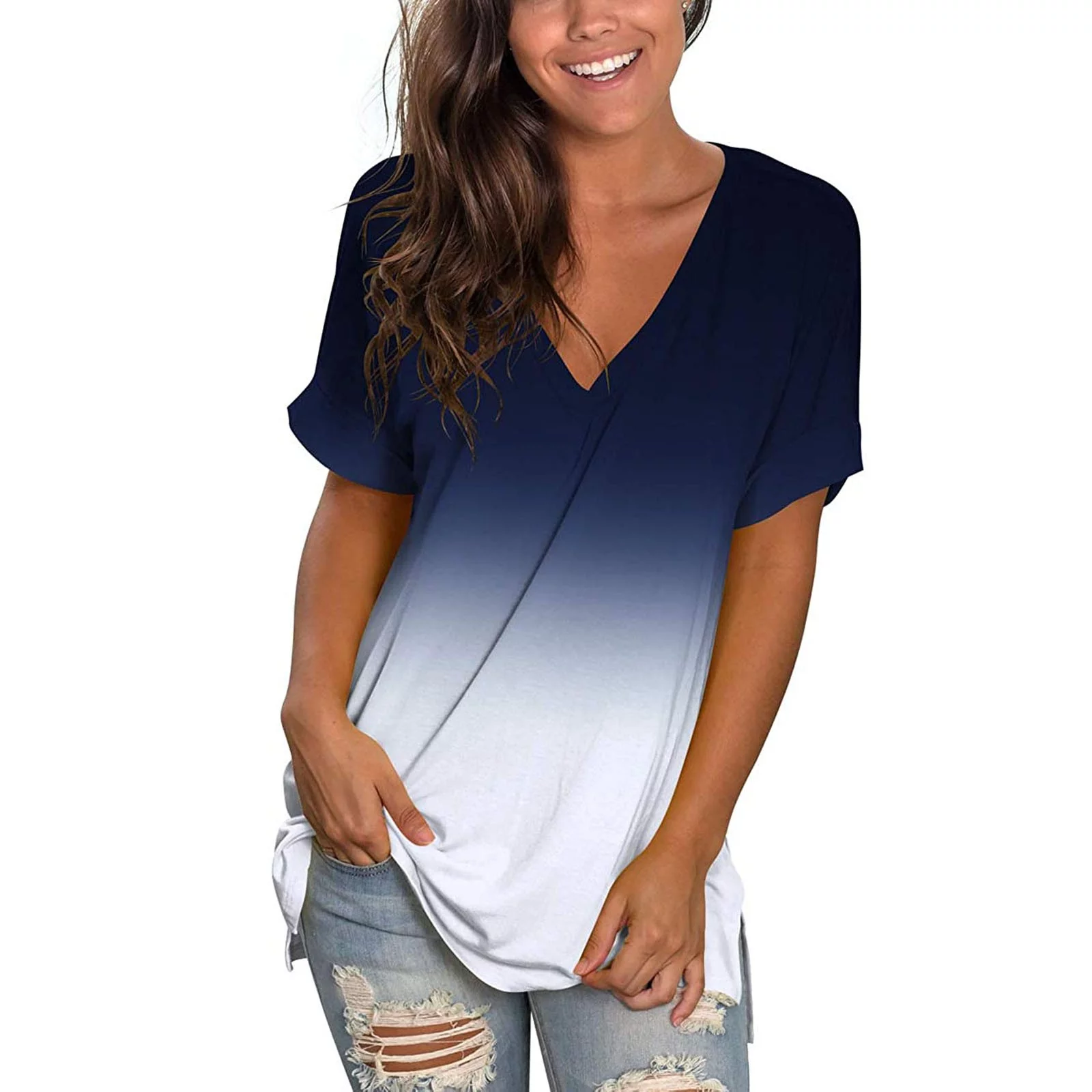 Patlollav Clearance Deals Womens Print Casual Gradient V-Neck Short Sleeve Loose T-Shirt Tops