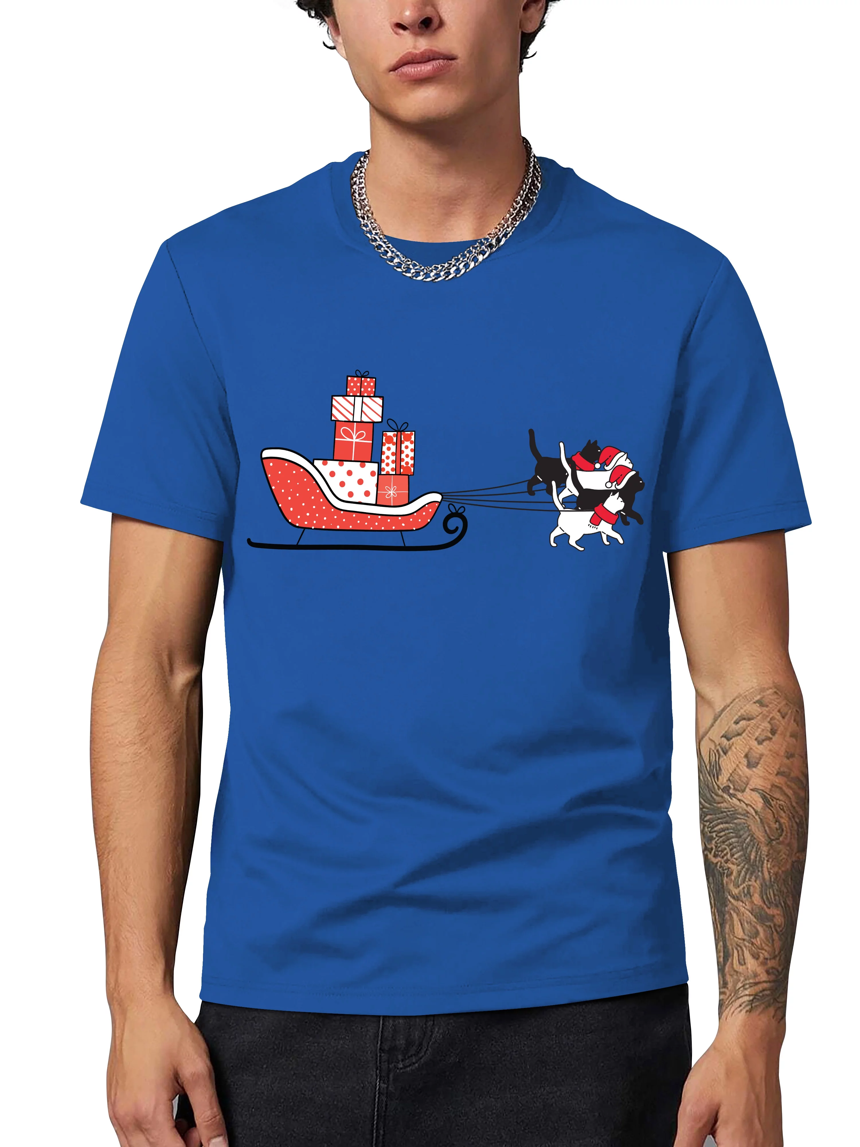 Ma Croix Mens Festive Winter Kitty Cat Sled Digitally Printed Classic Crew Neck Short Sleeve Tee Shirt