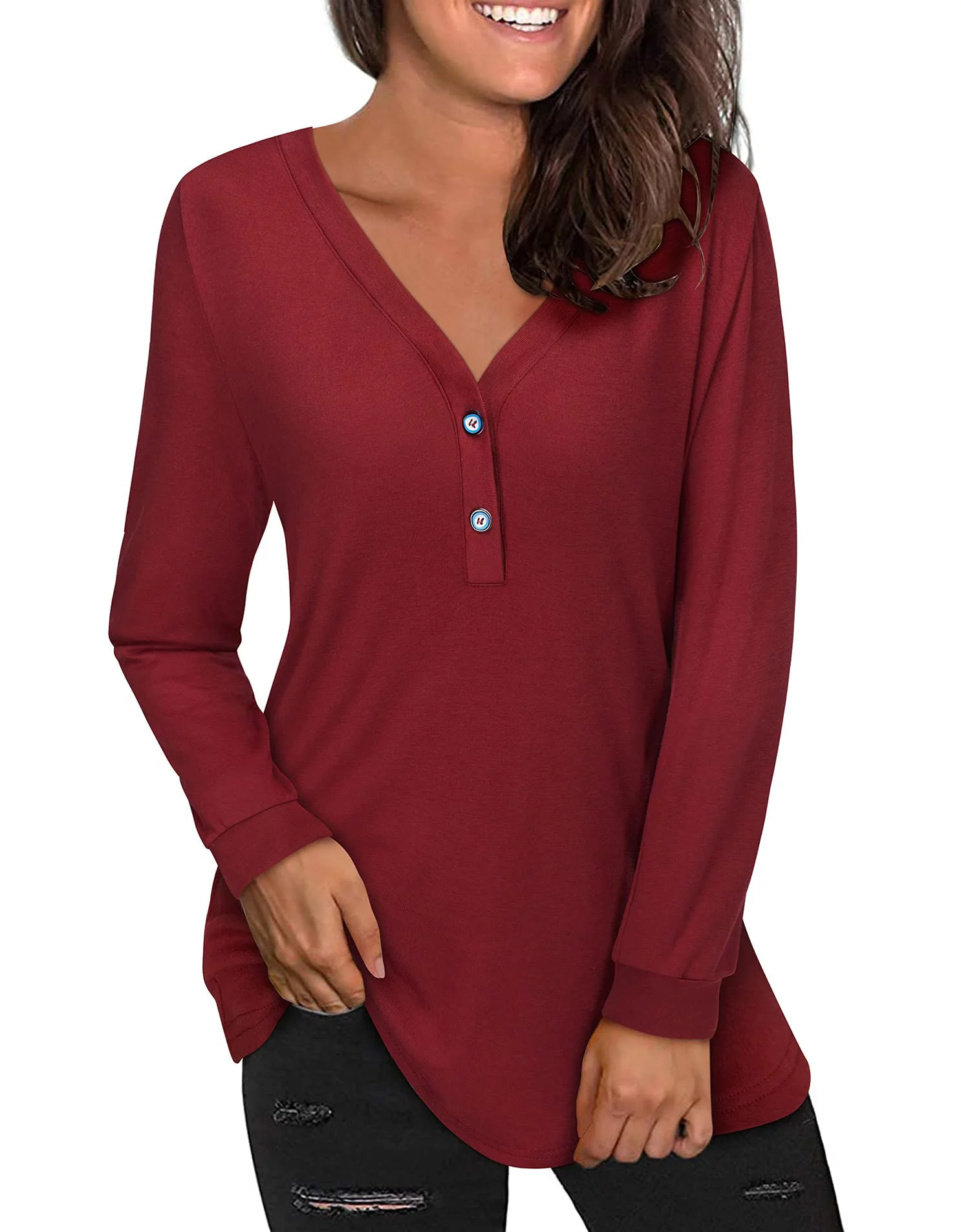 Fantaslook Long Sleeve T Shirts for Women V Neck Button Casual Tops Tunic Henley Shirts