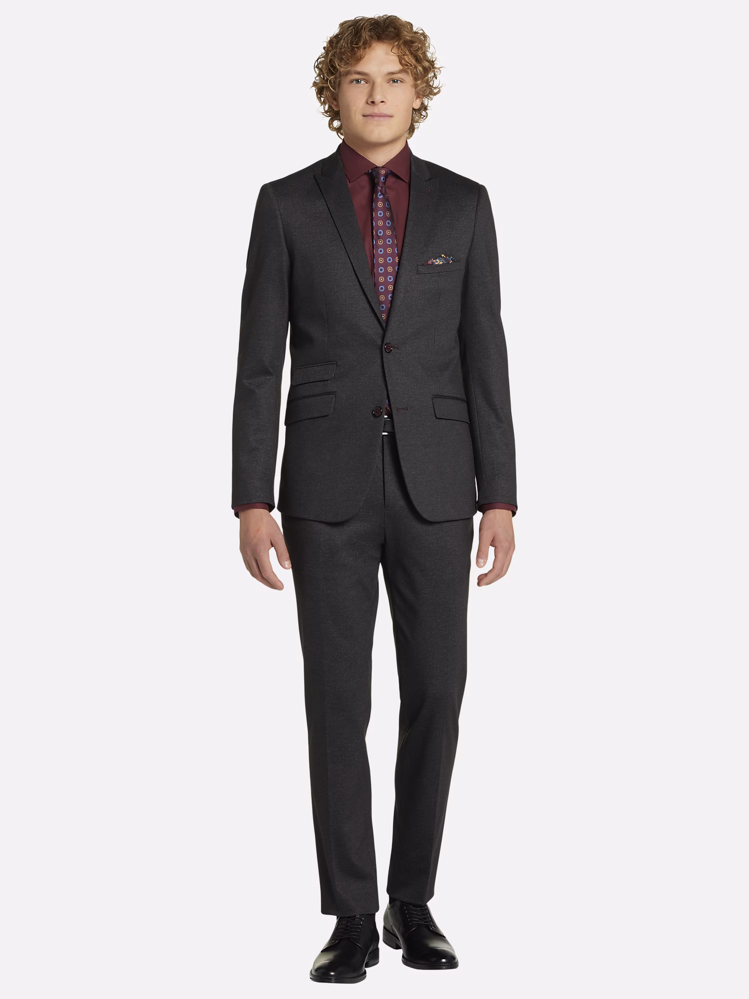 Wilke Rodriguez Slim Fit Spread Collar Mini Houndstooth Dress Shirt Charcoal Knit