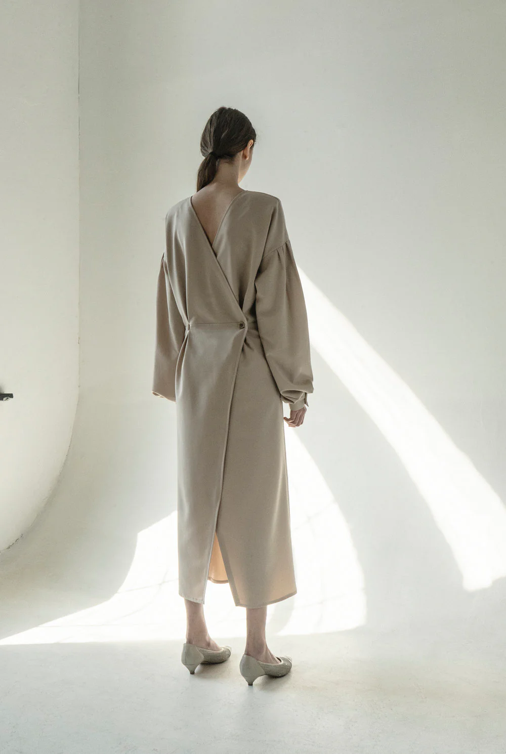 Caramel Open Back Padded Shoulders Dress