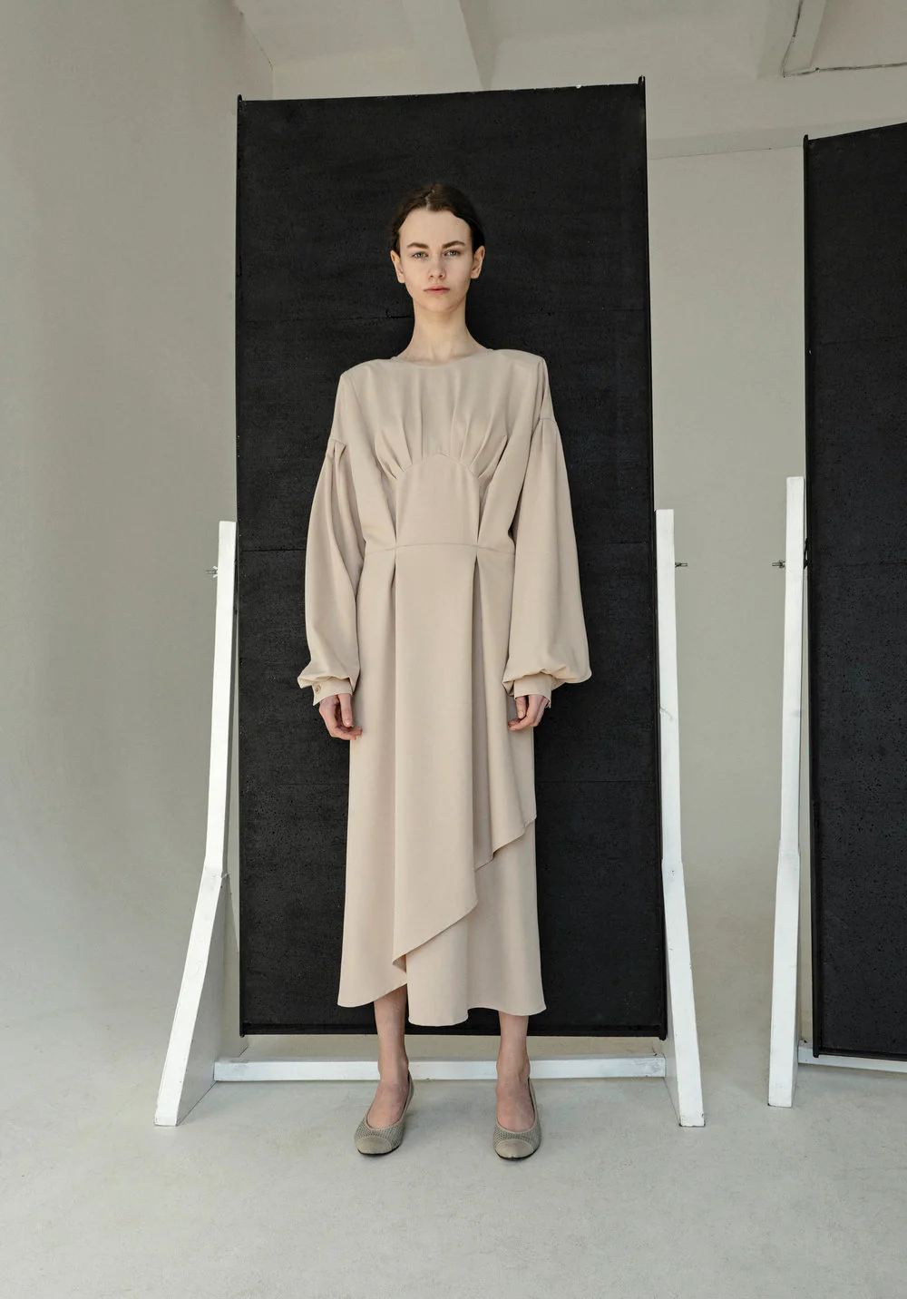 Caramel Open Back Padded Shoulders Dress