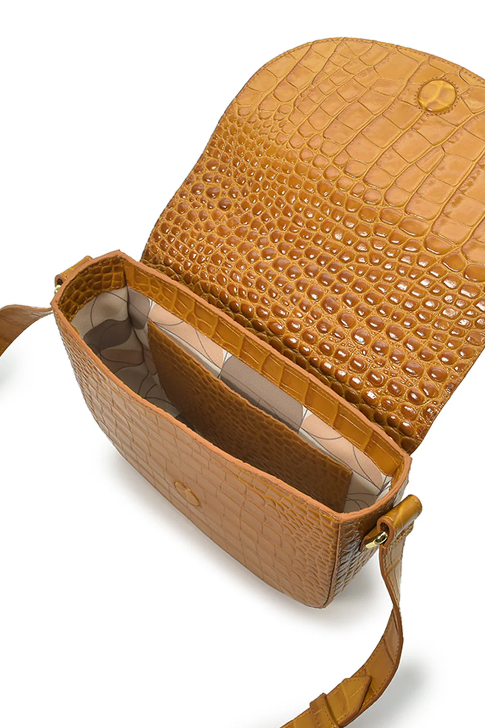 Croco Engraved Leather Shoulder Bag Camel