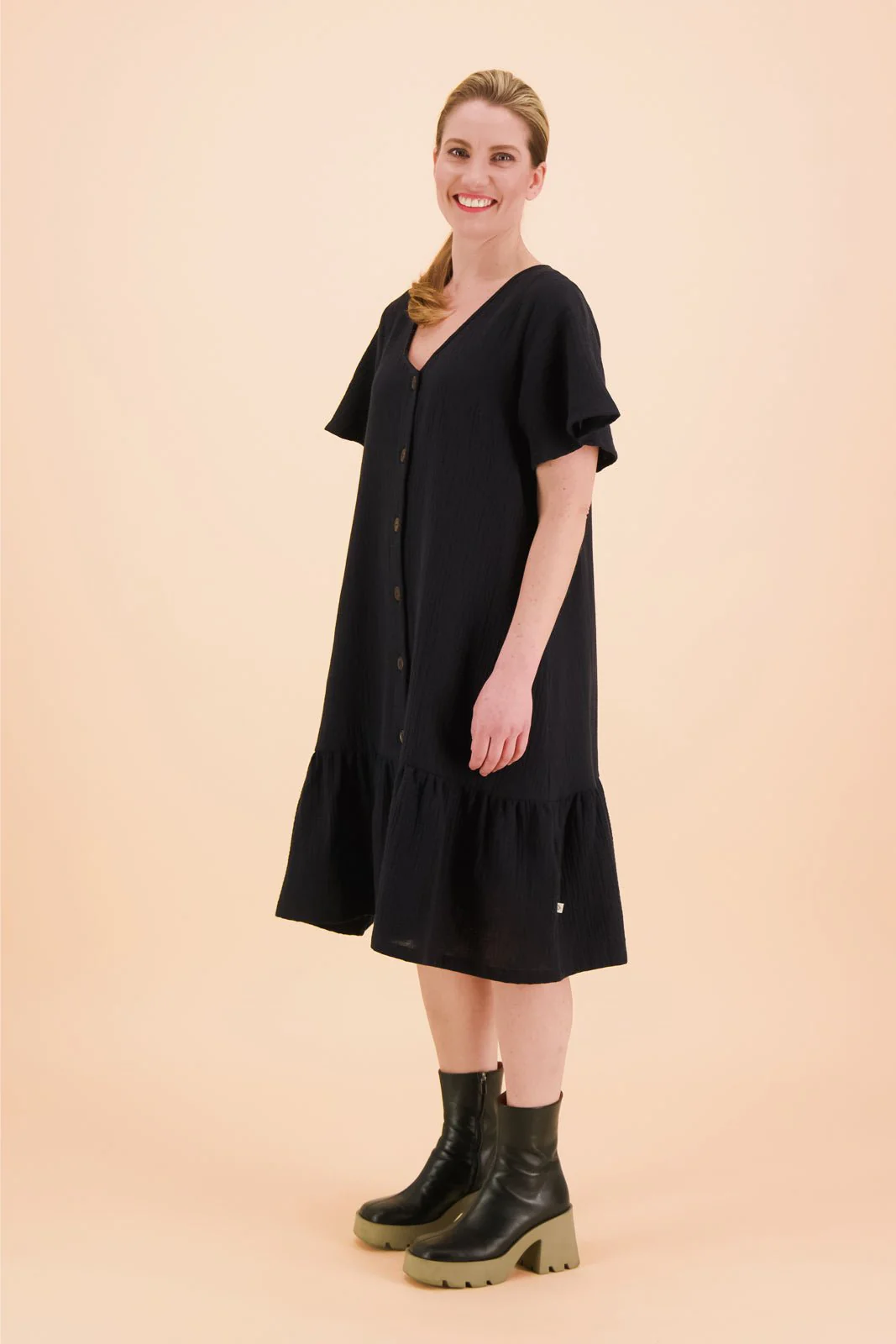 Frill Button Dress Black