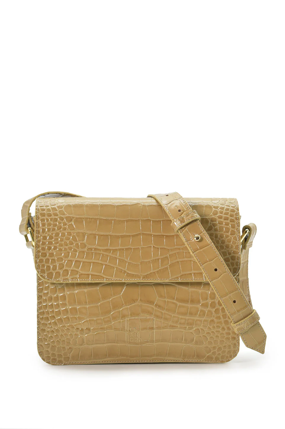 Croco Engraved Squere Leather Shoulder Bag Beige