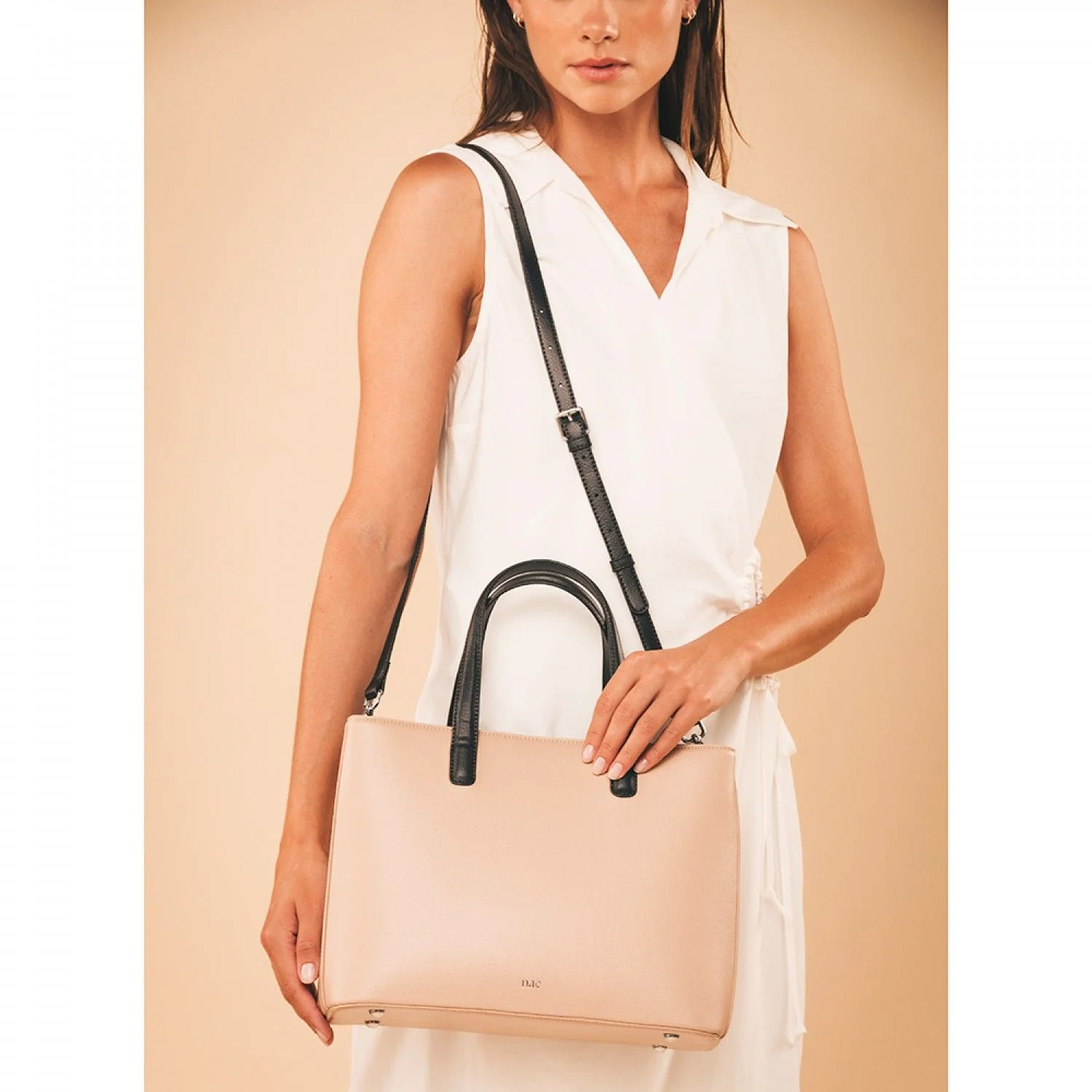 Saya Tote Frame Hand Bag With Two Holdstraps Beige