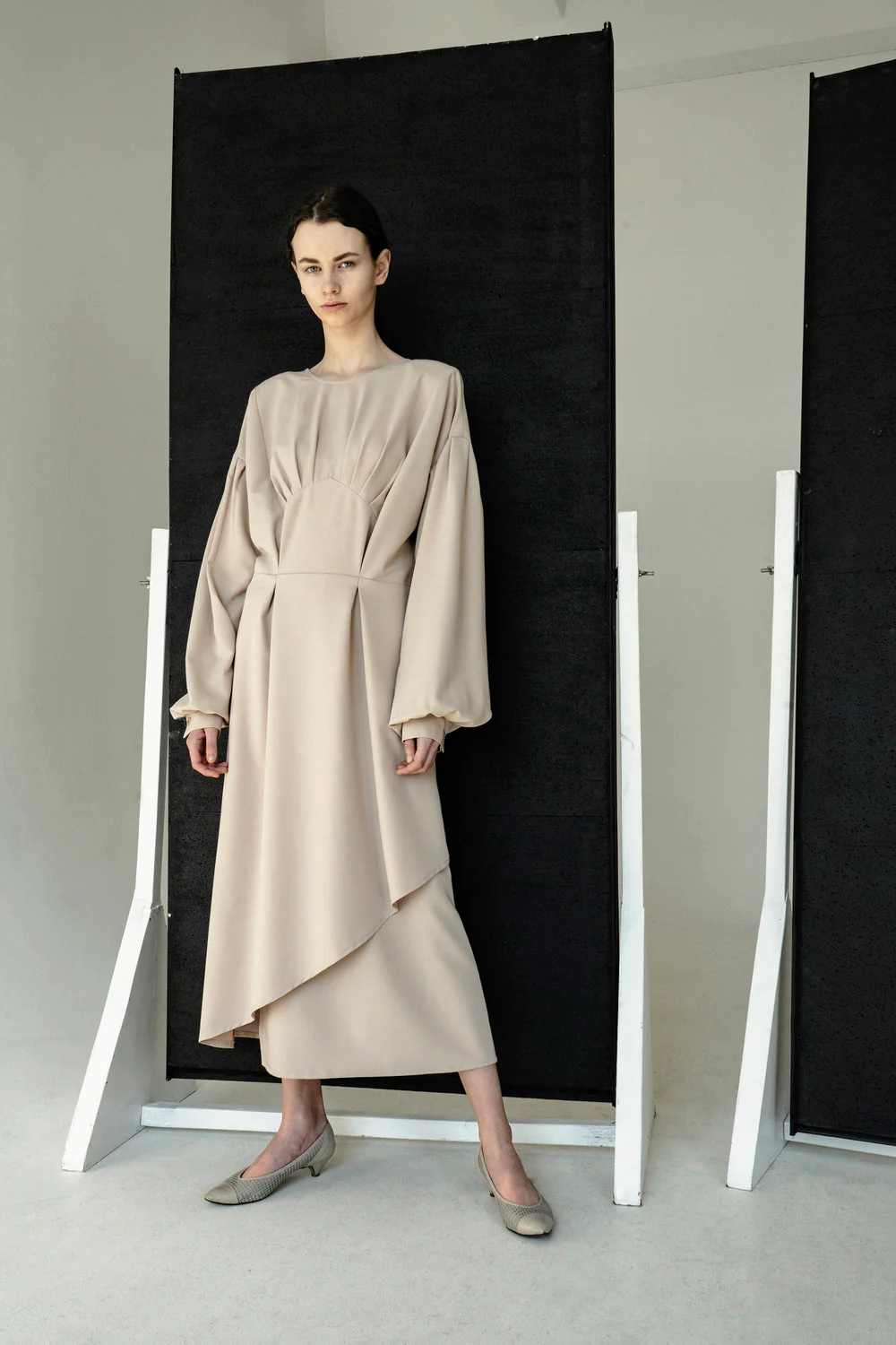 Caramel Open Back Padded Shoulders Dress