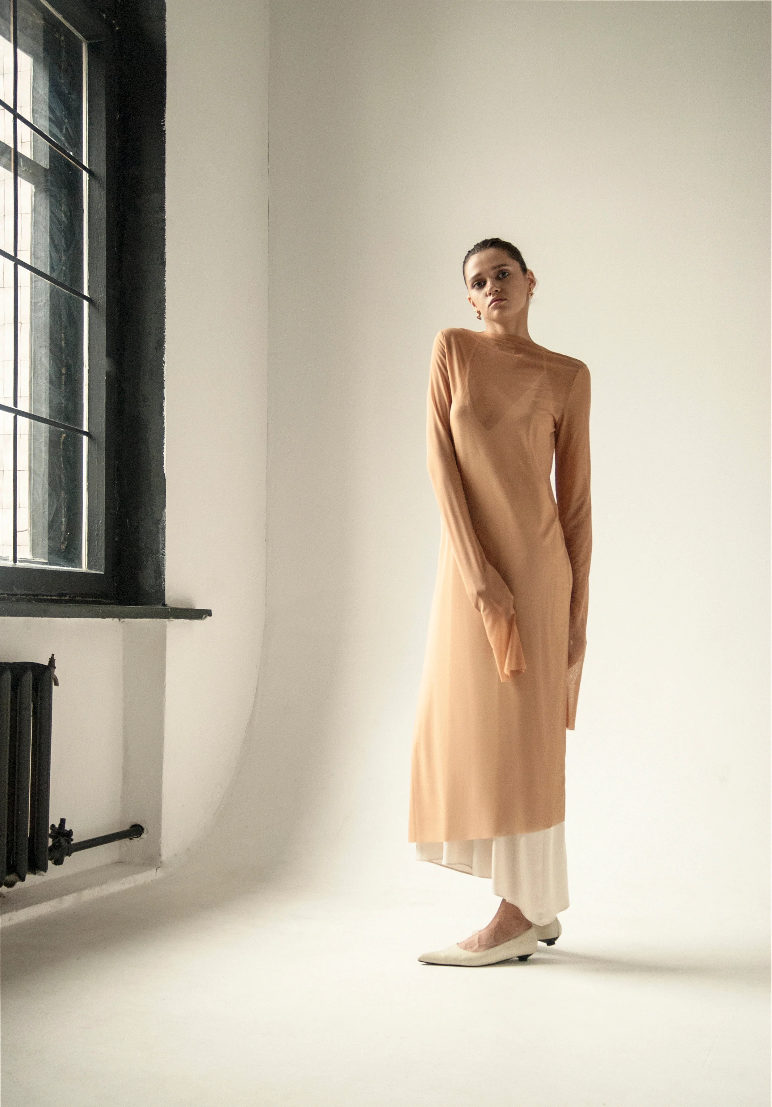 Endless Sleeves Nude Tulle Dress