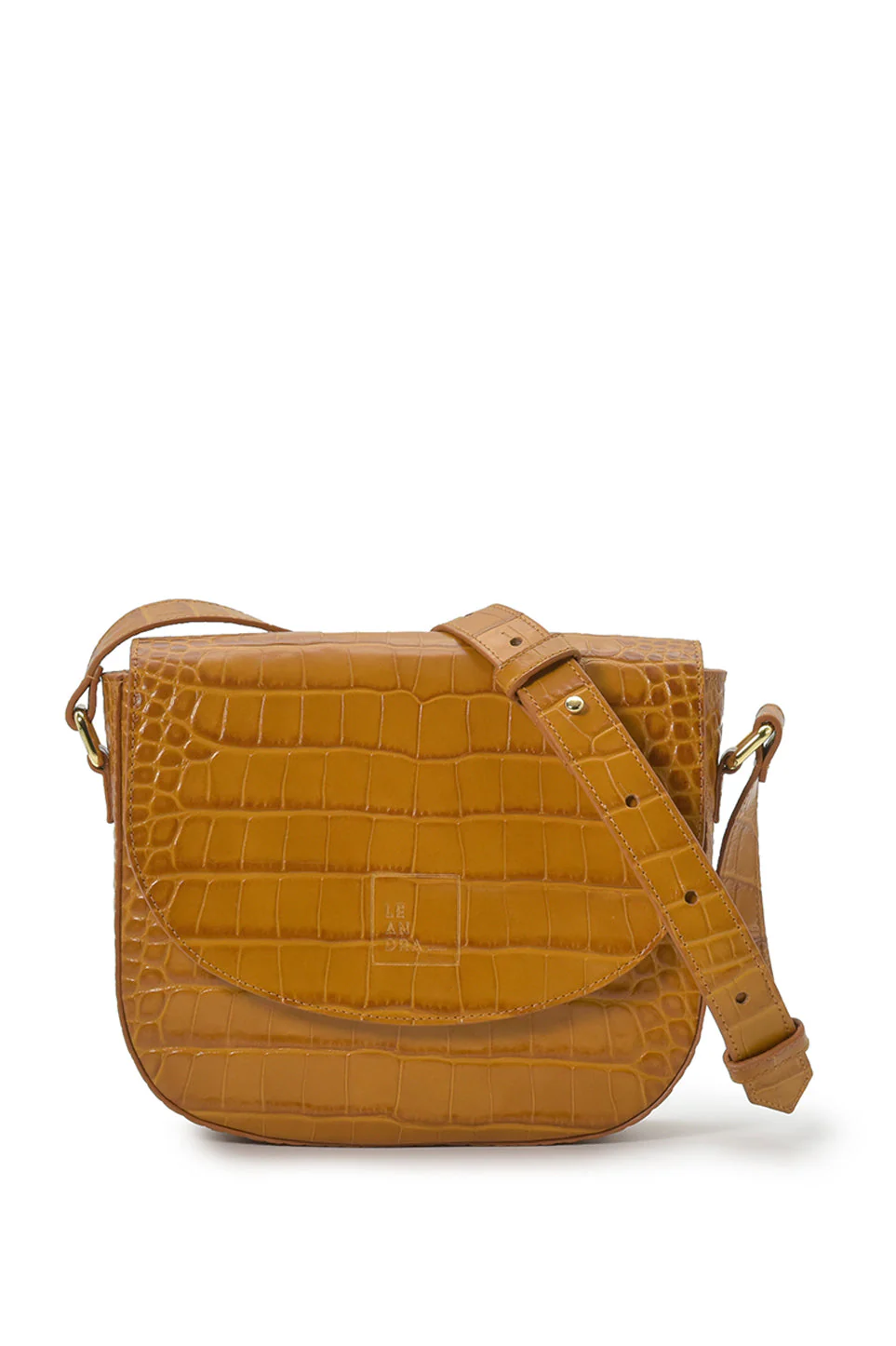 Croco Engraved Leather Shoulder Bag Camel
