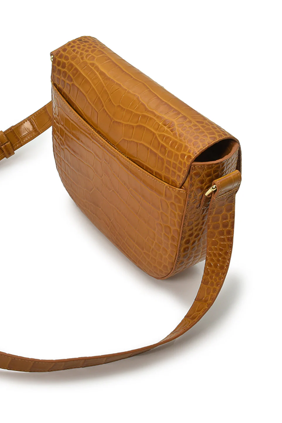 Croco Engraved Leather Shoulder Bag Camel