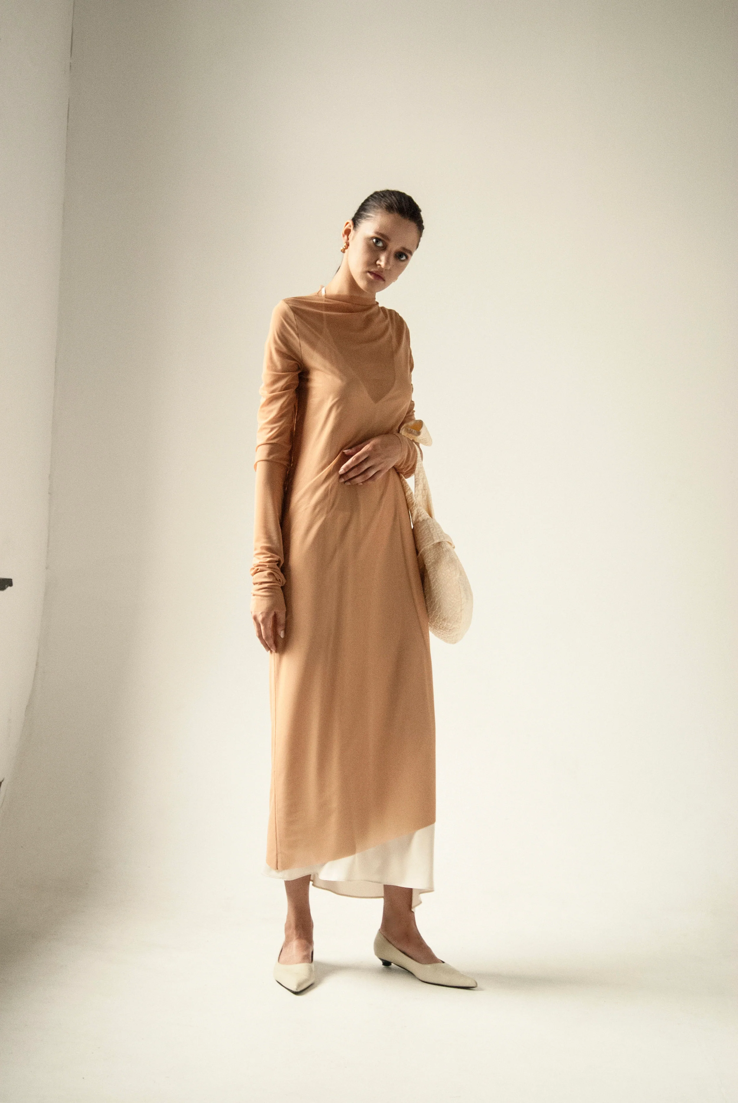 Endless Sleeves Nude Tulle Dress