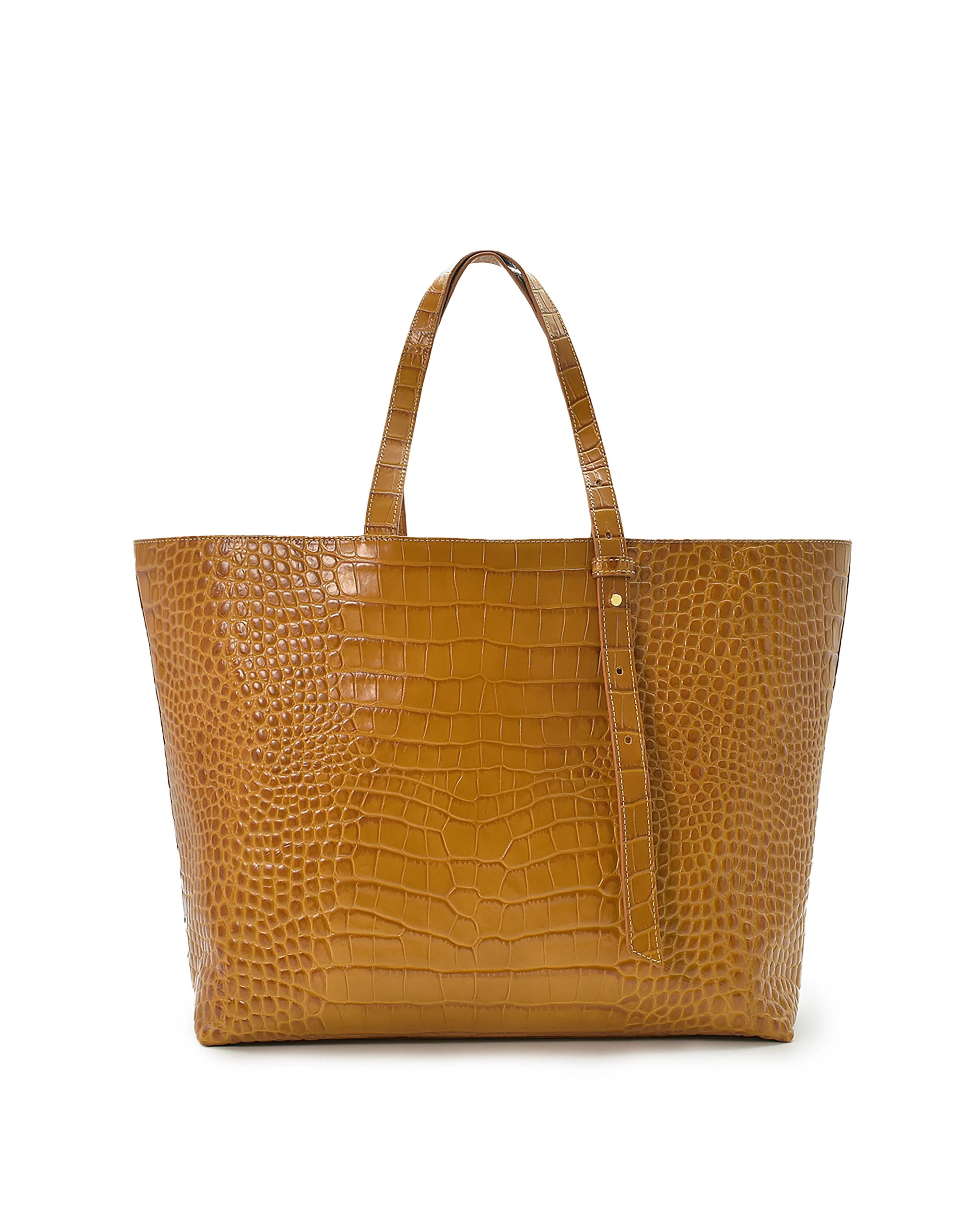 Croco Engraved Leather Shopping Bag Caramel