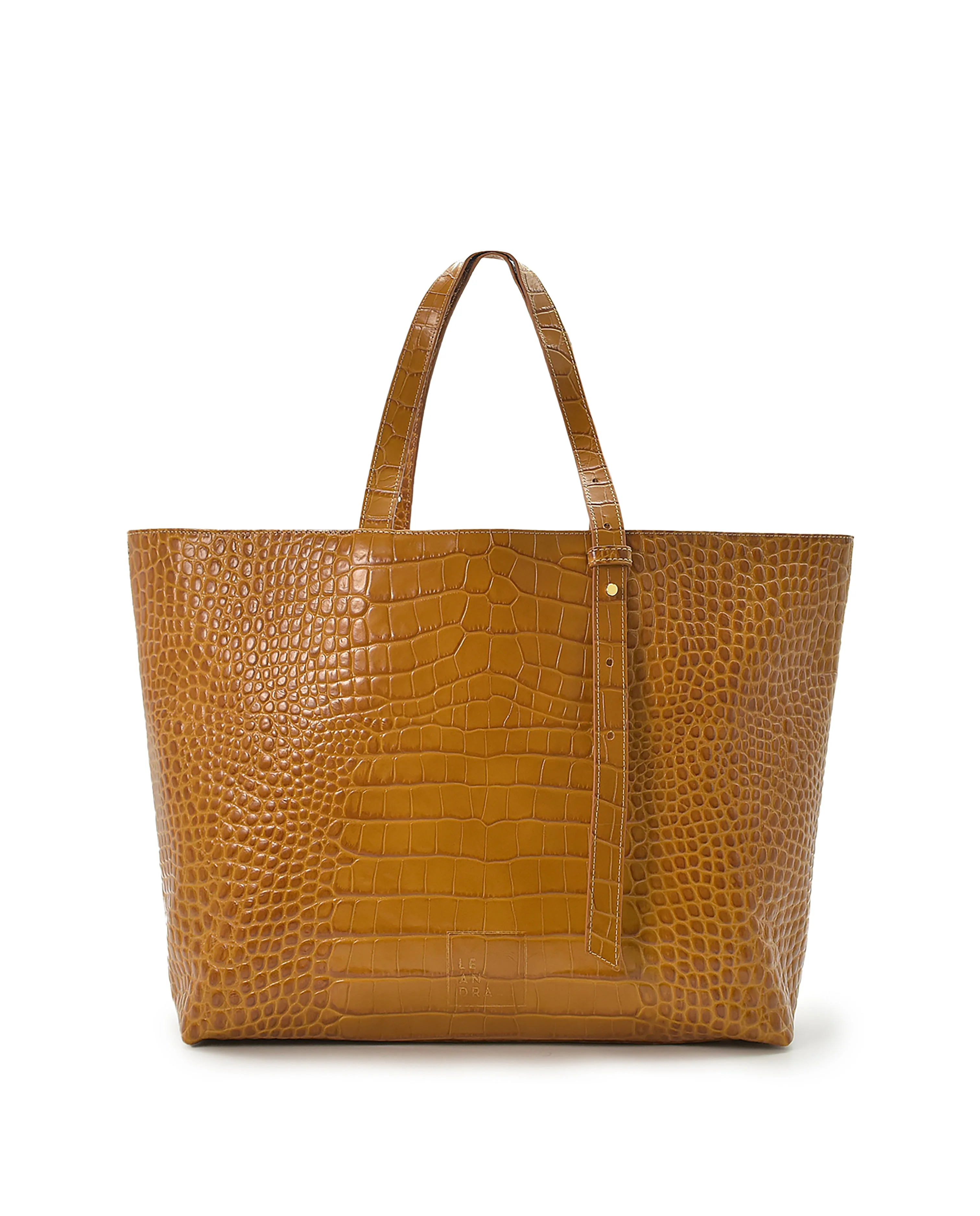 Croco Engraved Leather Shopping Bag Caramel