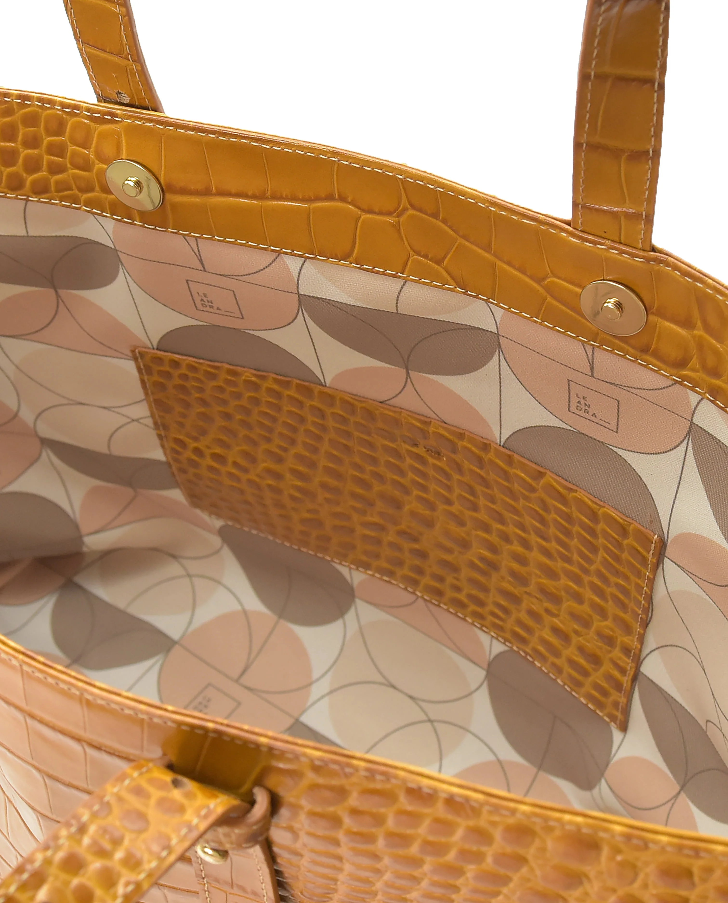 Croco Engraved Leather Shopping Bag Caramel