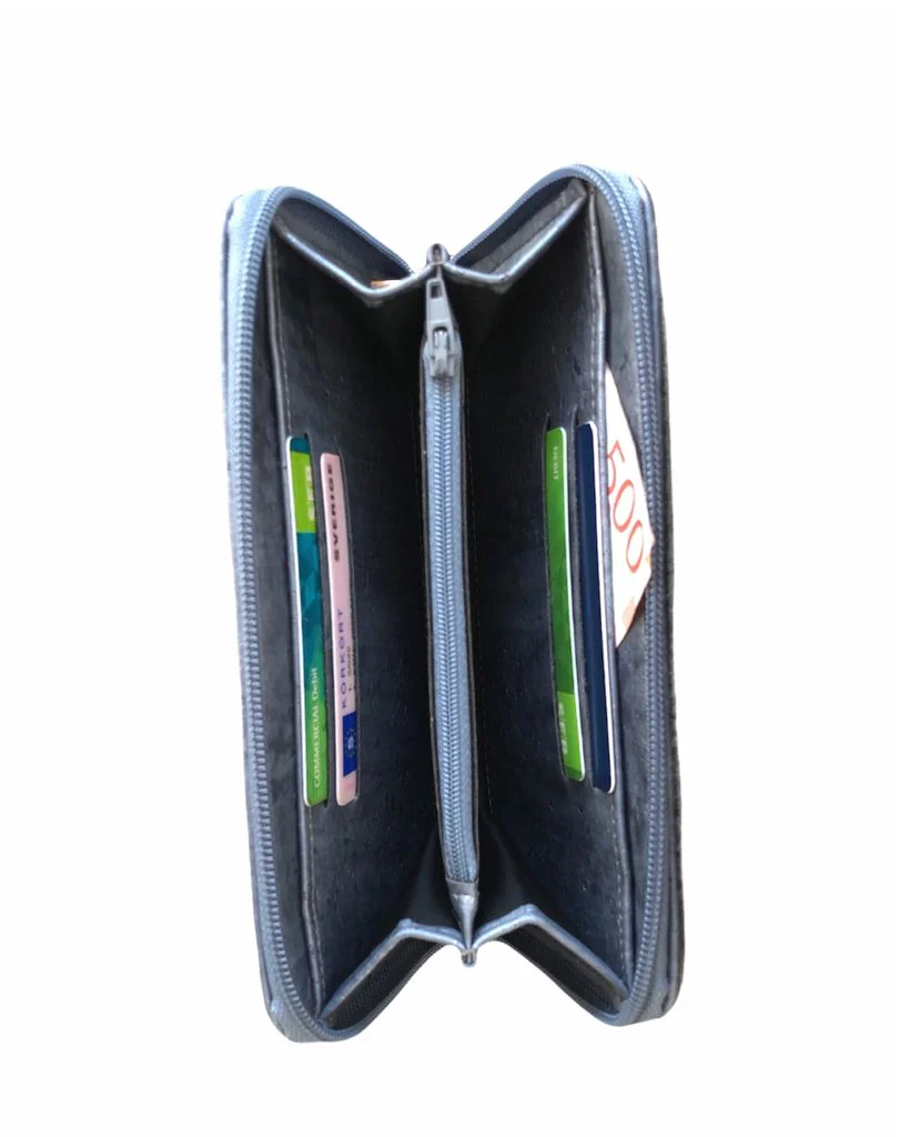 Cork Leather Zip Wallet Metallic Grey