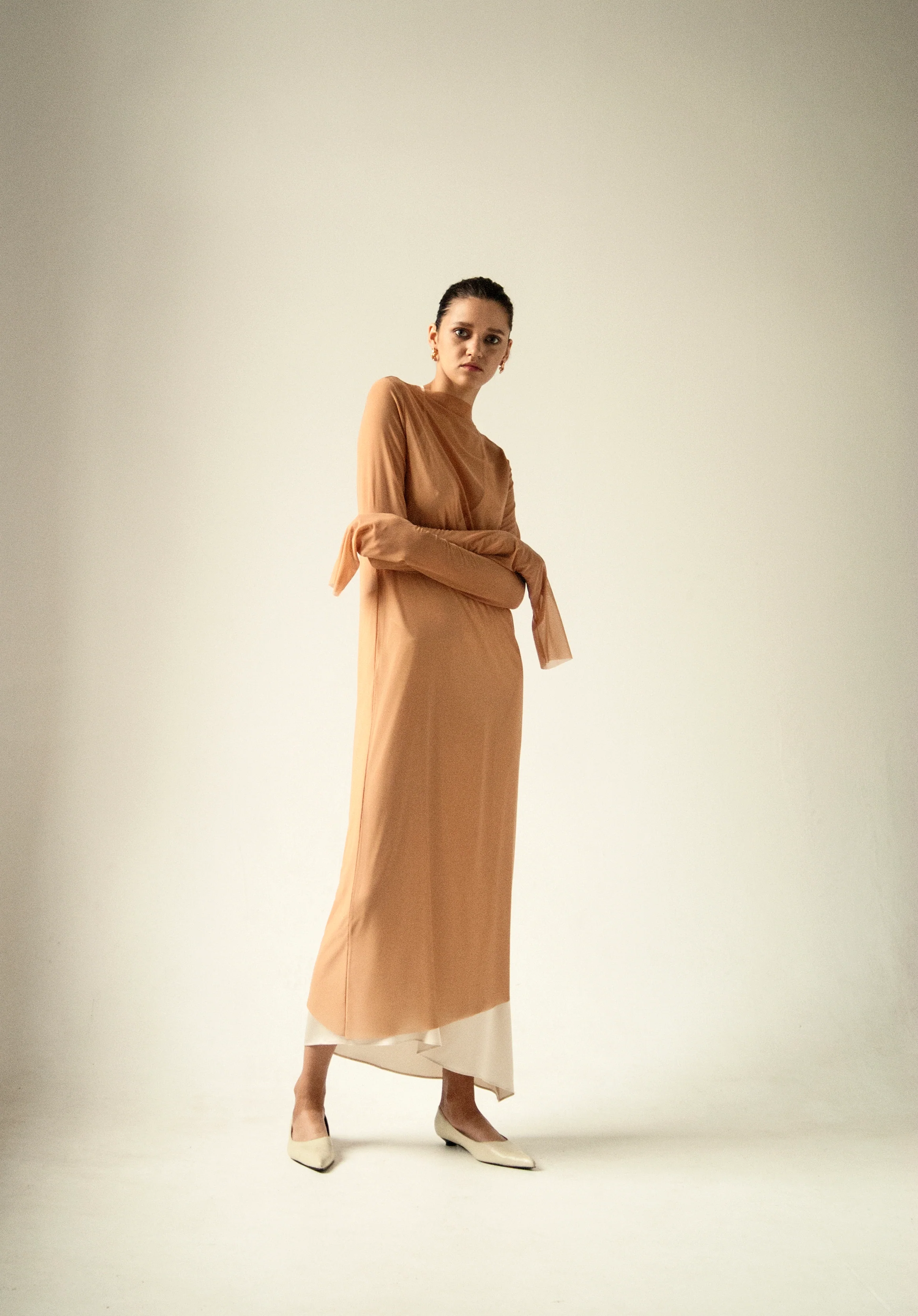 Endless Sleeves Nude Tulle Dress