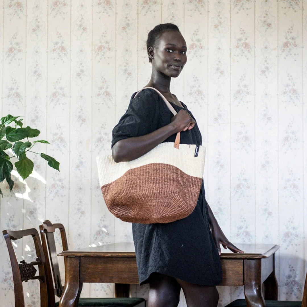 Kiondo Shopper Basket Natural And Dark Brown Duo M