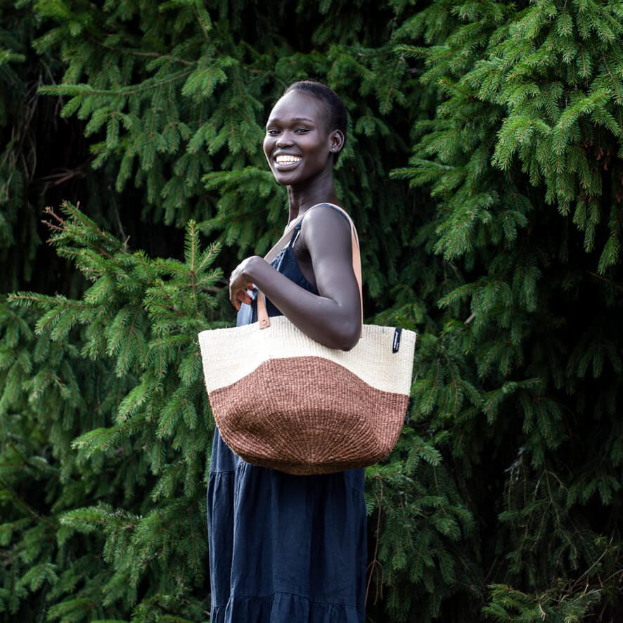 Kiondo Shopper Basket Natural And Dark Brown Duo M