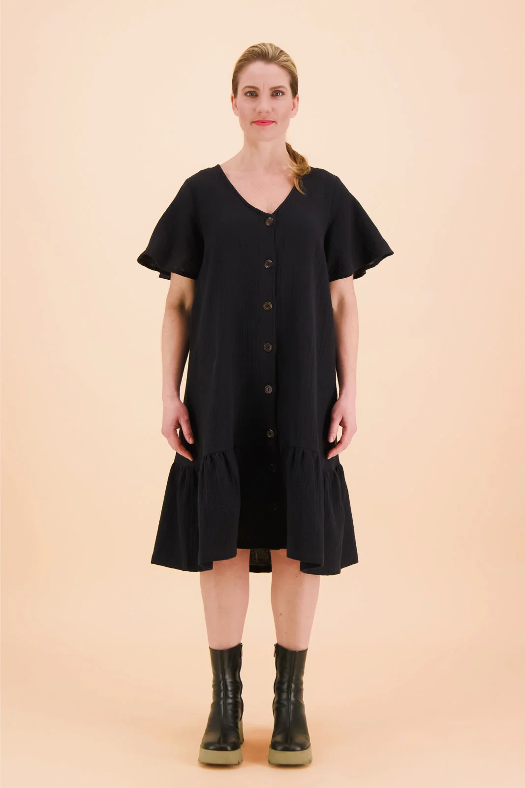 Frill Button Dress Black
