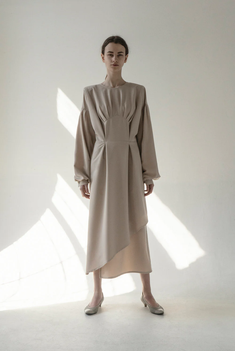 Caramel Open Back Padded Shoulders Dress