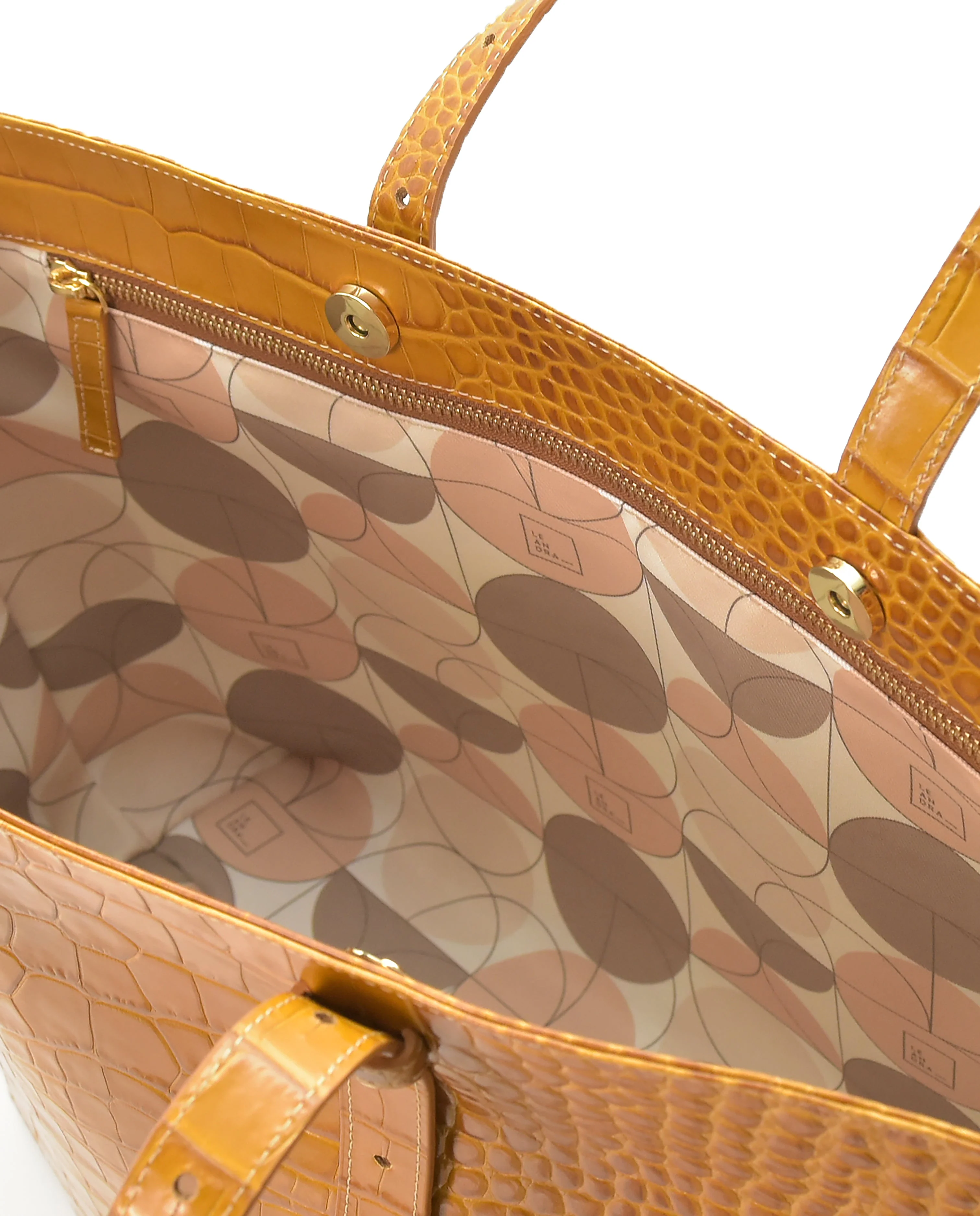 Croco Engraved Leather Shopping Bag Caramel