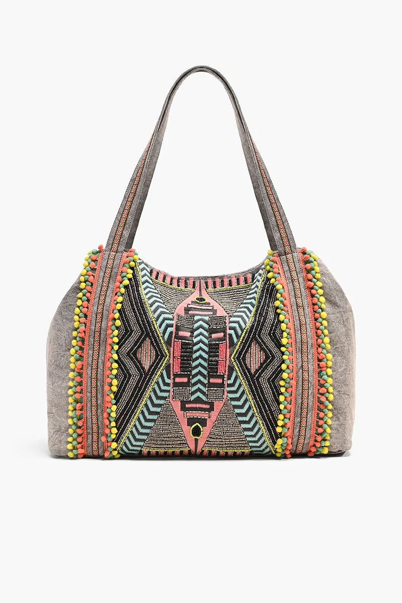 Gargoyle Embellished Gray Hand Beaded Tote