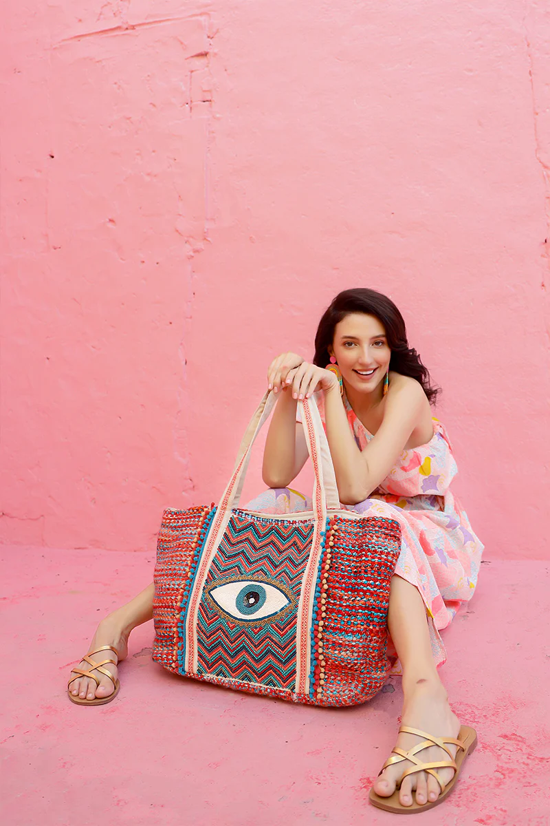 Evil Eye Good Luck Hand Beaded Orange and Blue Tote Bag