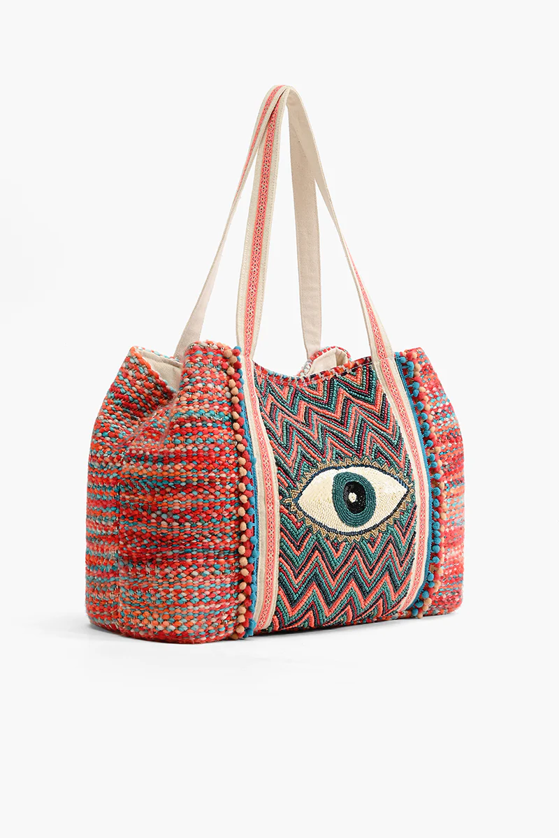 Evil Eye Good Luck Hand Beaded Orange and Blue Tote Bag
