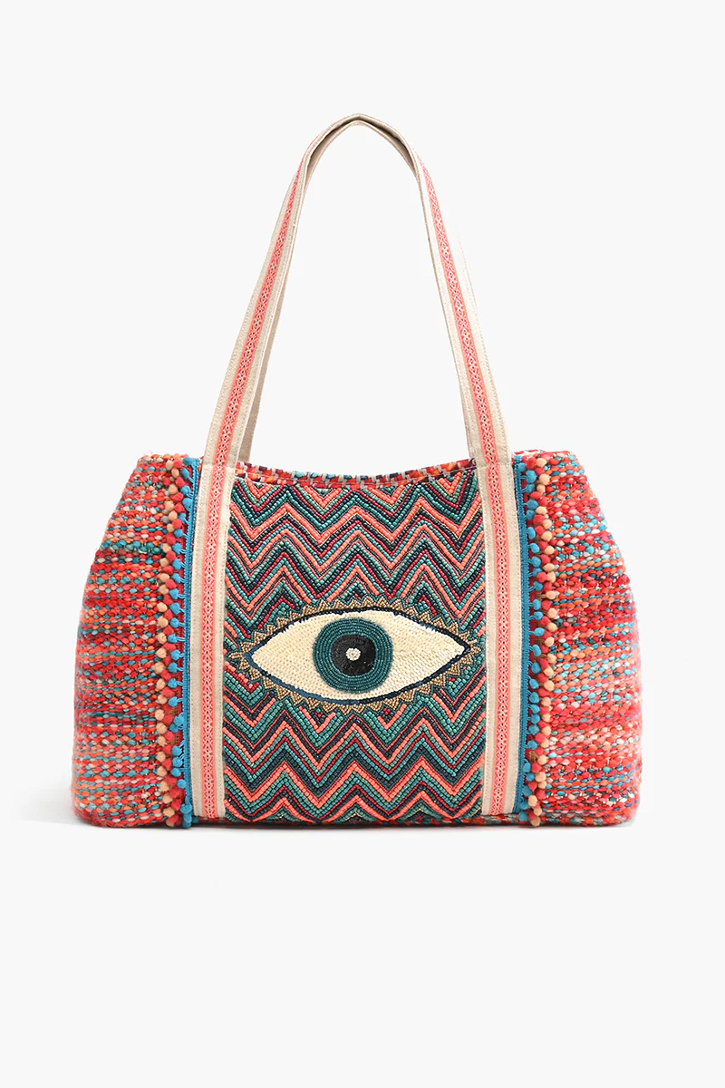 Evil Eye Good Luck Hand Beaded Orange and Blue Tote Bag