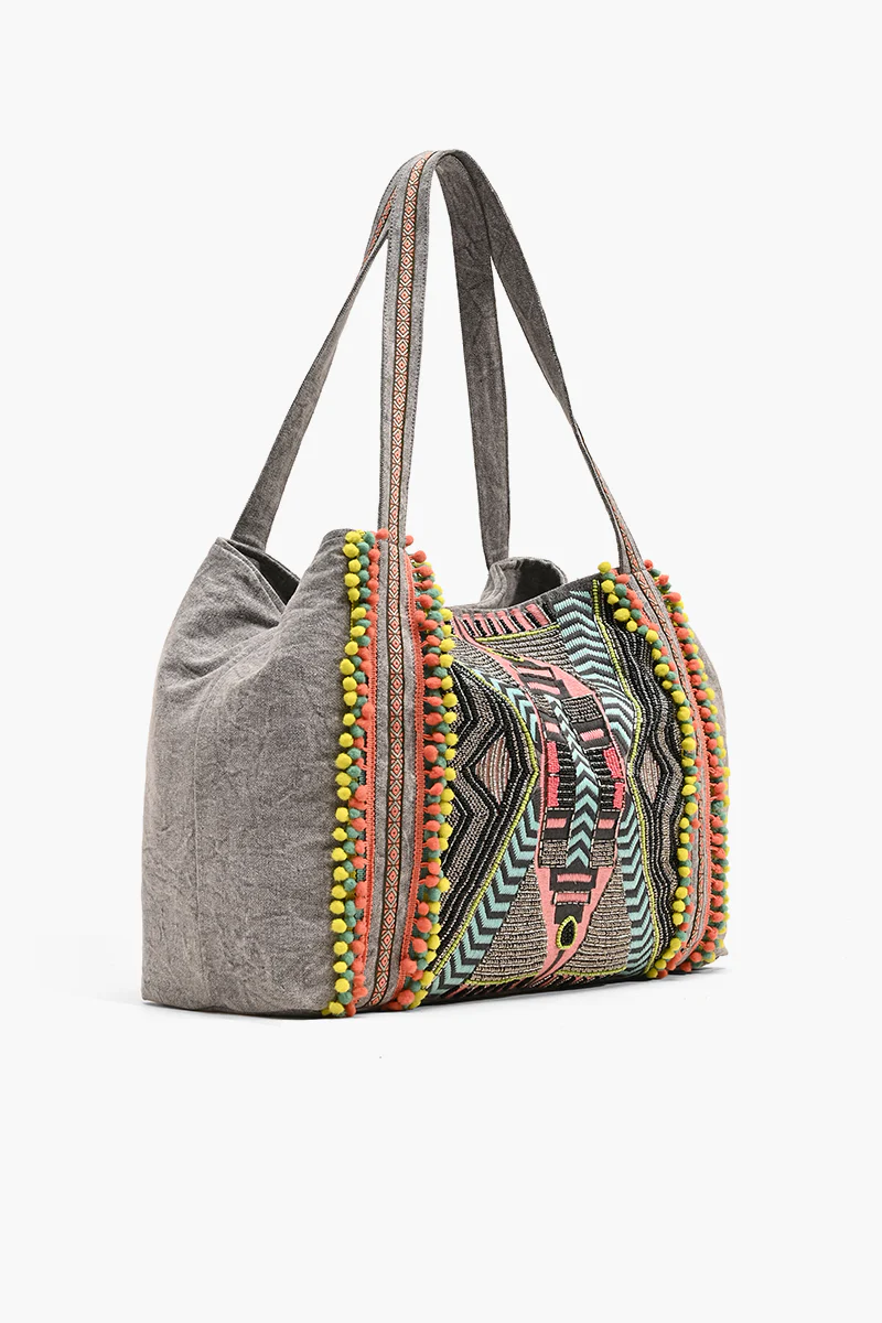 Gargoyle Embellished Gray Hand Beaded Tote