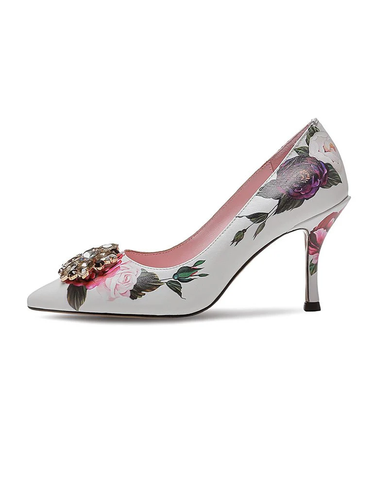 Rose Print Rhinestone Stiletto Heel Vinatge Shoes