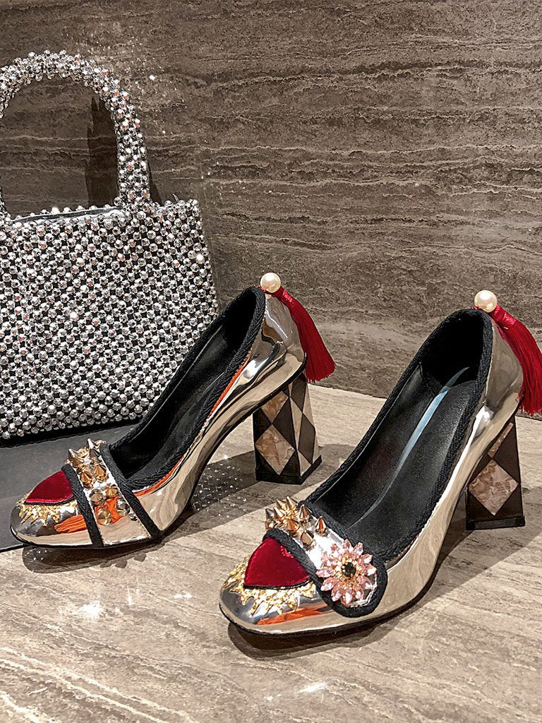 Sweet Heart Rivet Chunky Heel  Vinatge Shoes