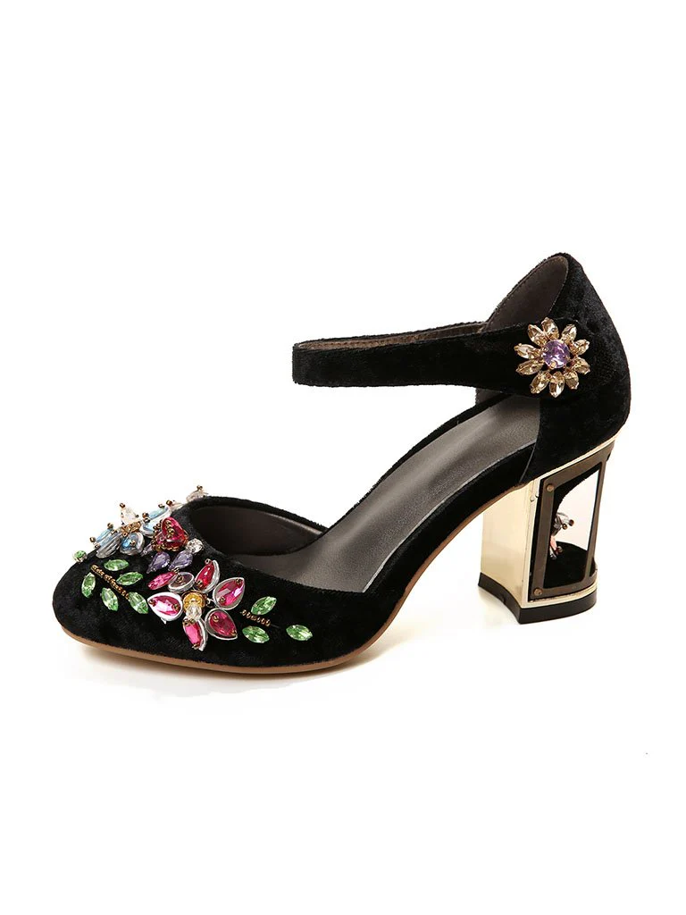 Luxury Womens Rhinestone Embroidery Crystal Flower Mary Janes Pumps