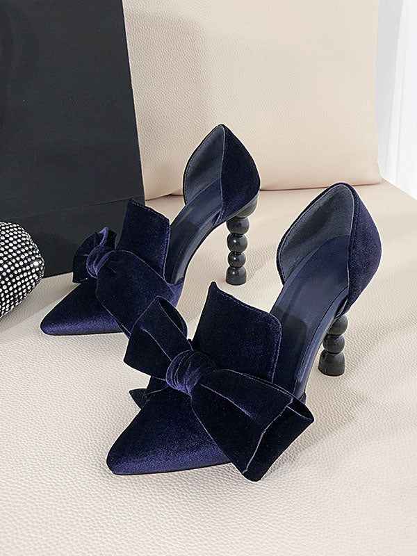 Big Bow Velvet Cylindrical Heel Pointed Toe Vinatge Shoes