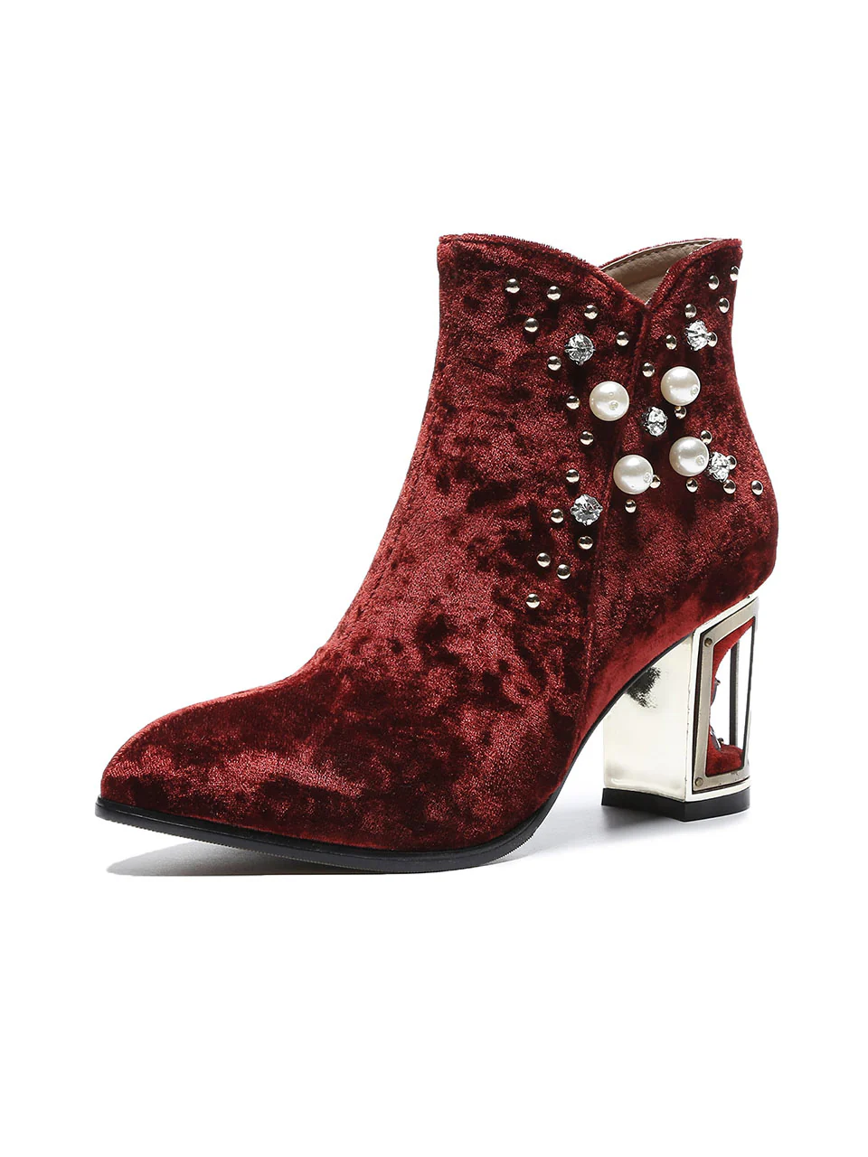 7CM Luxury Pearls And Diamonds Chunky High Heel Bootie Vintage Shoes