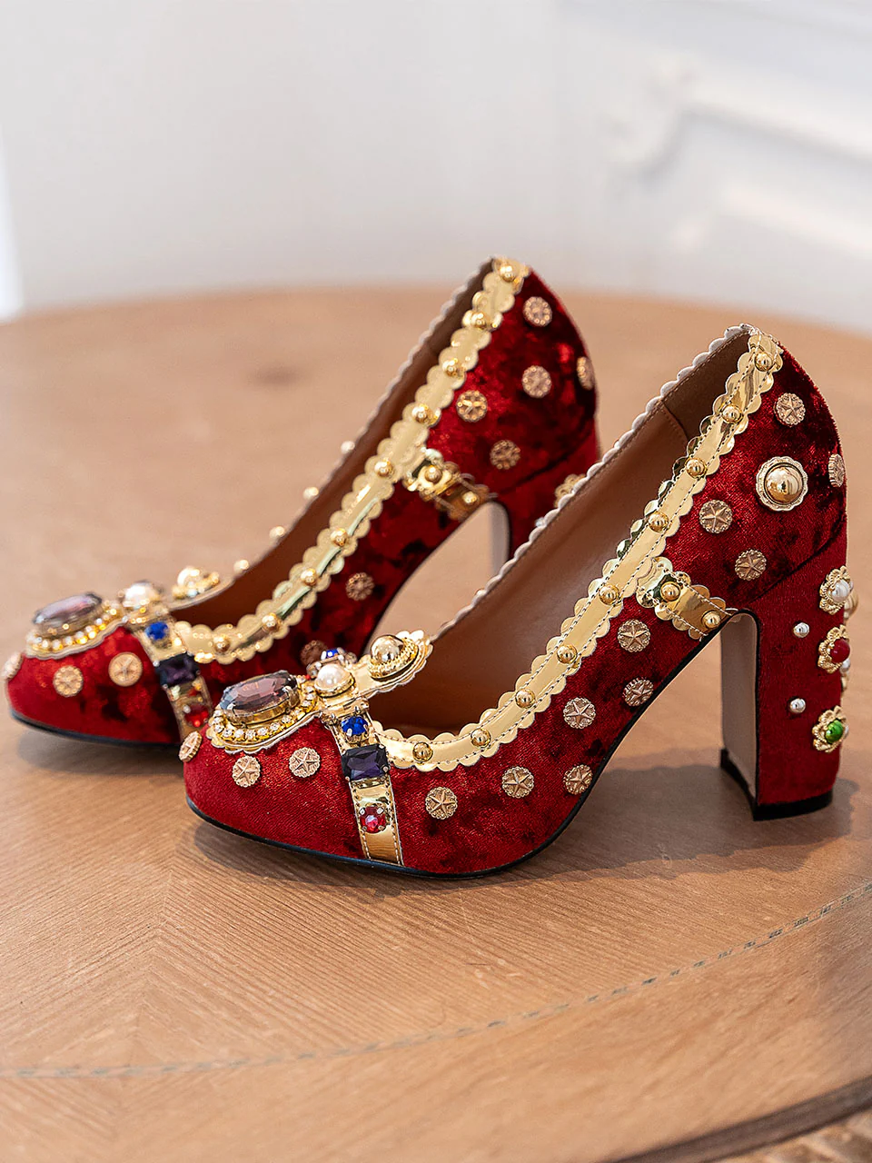 10CM Luxury Pearls And Diamonds Chunky Heels Retro Shoes