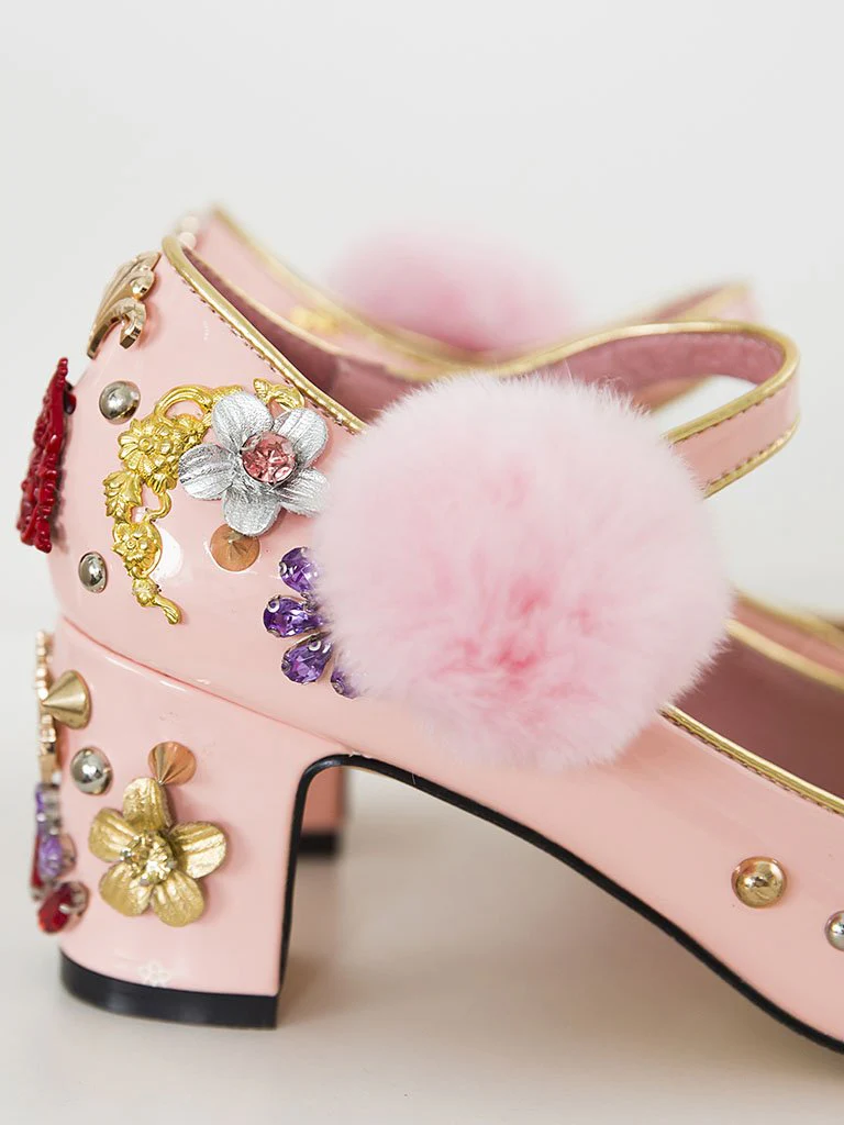 9.5CM Luxury Pompom Chunky Heels Retro Shoes