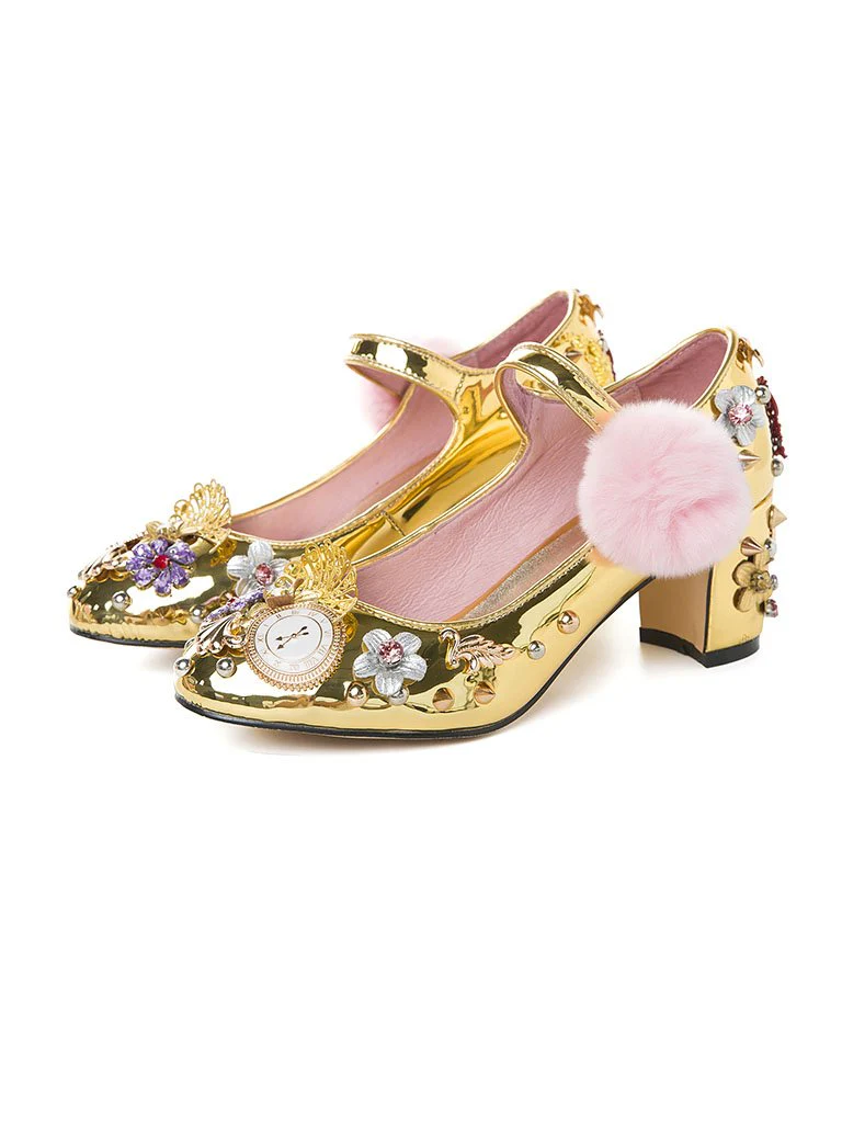 9.5CM Luxury Pompom Chunky Heels Retro Shoes