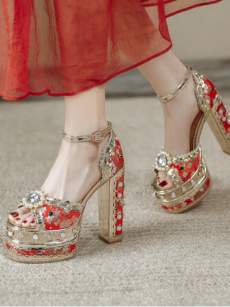 14CM Platform Luxury Flower Chunky Heels Sandals Retro Shoes