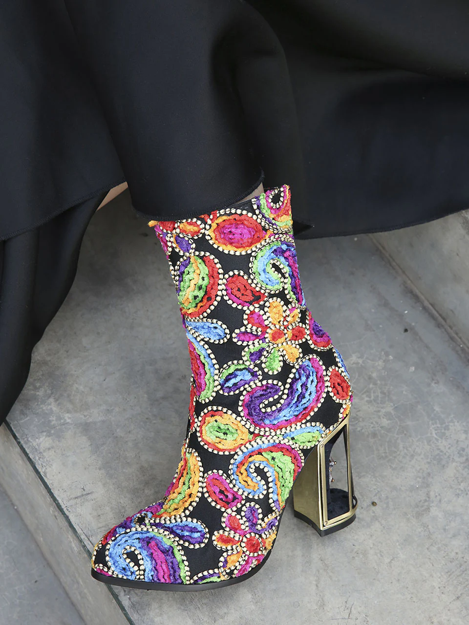 10CM Luxury Embroidered Chunky High Heel Platform Bootie Vintage Shoes