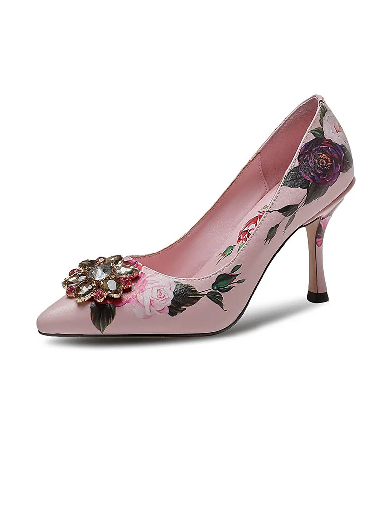 Rose Print Rhinestone Stiletto Heel Vinatge Shoes