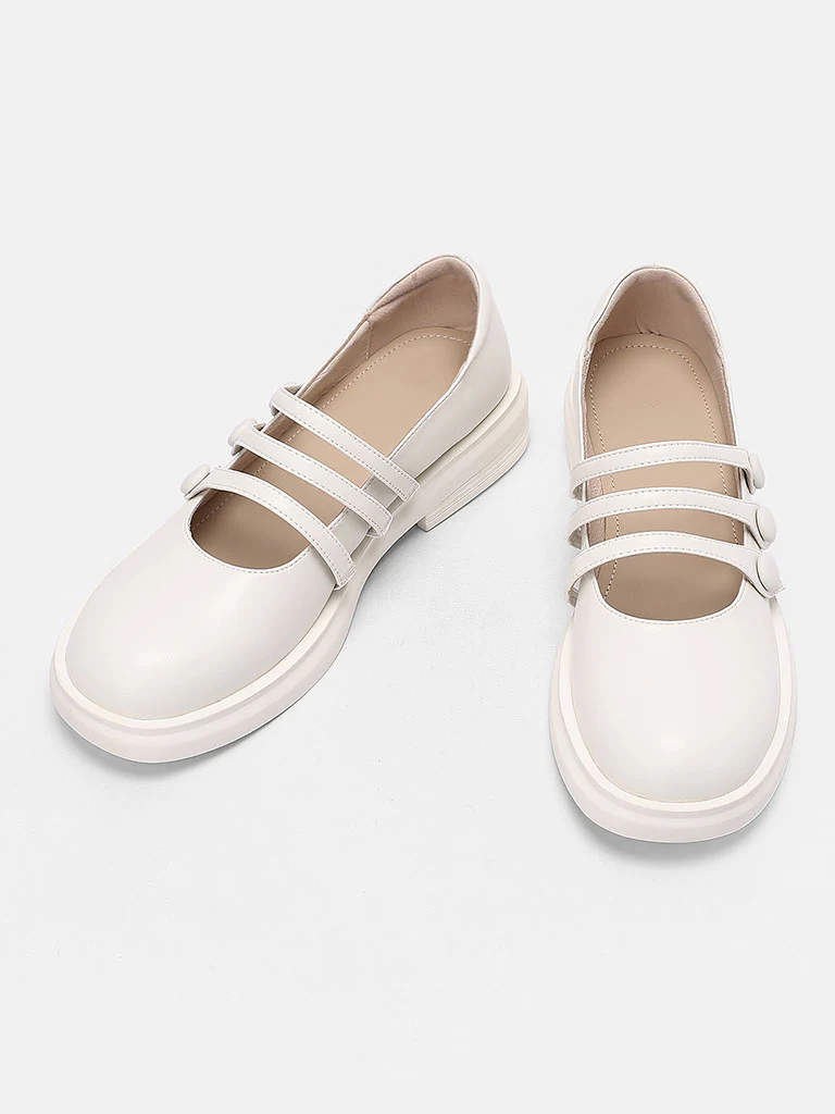 White Women's Chunky Heel Mary Jane Square Toe Leather Vintage Shoes