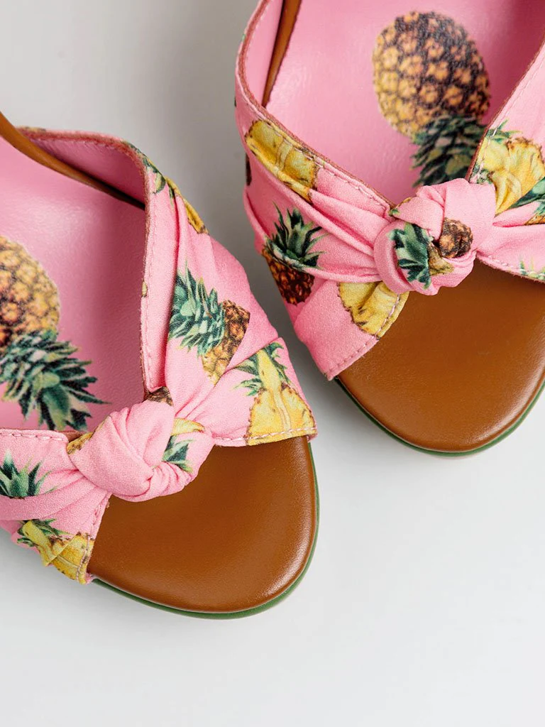 Fruit Heel Pineapple Print Platform Bow Vinatge Sandals
