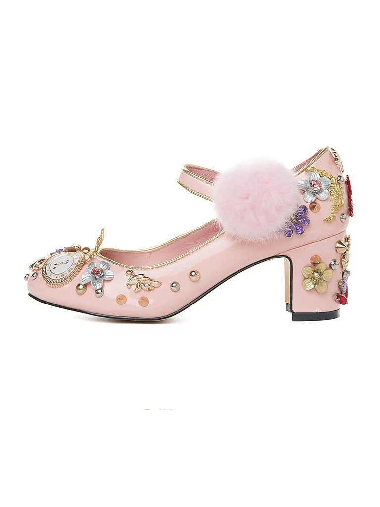 9.5CM Luxury Pompom Chunky Heels Retro Shoes