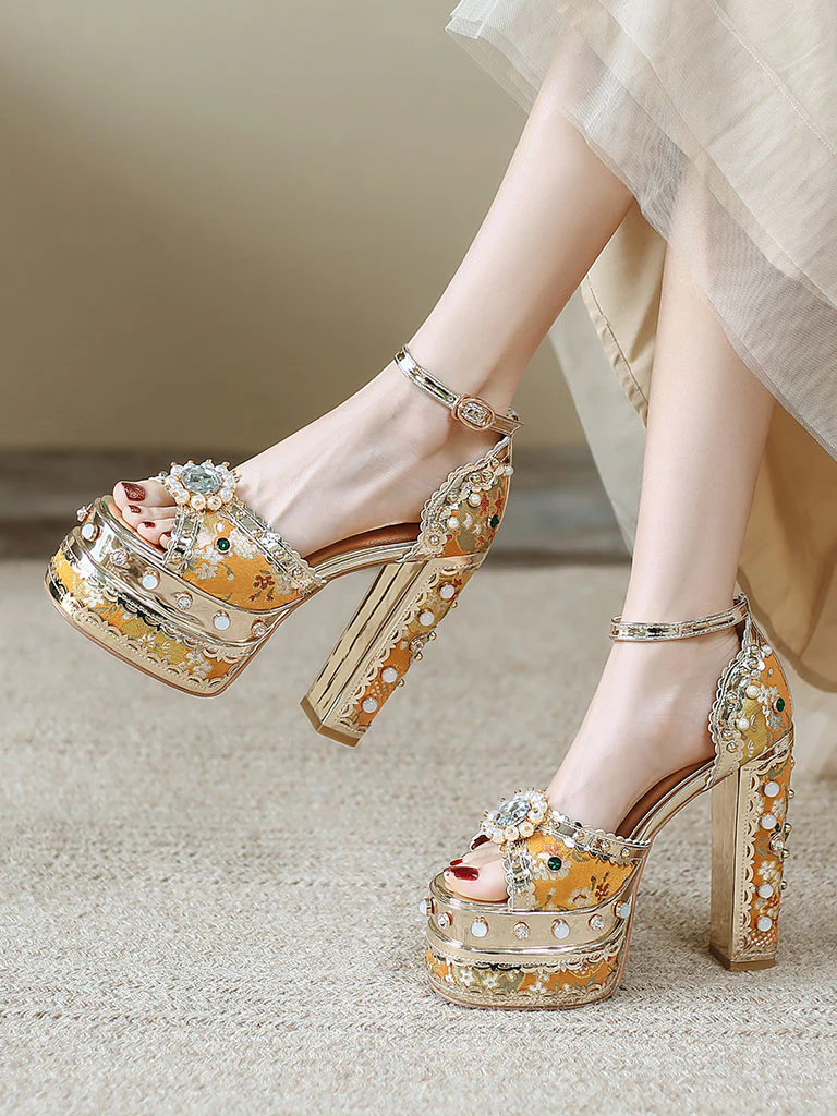 14CM Platform Luxury Flower Chunky Heels Sandals Retro Shoes