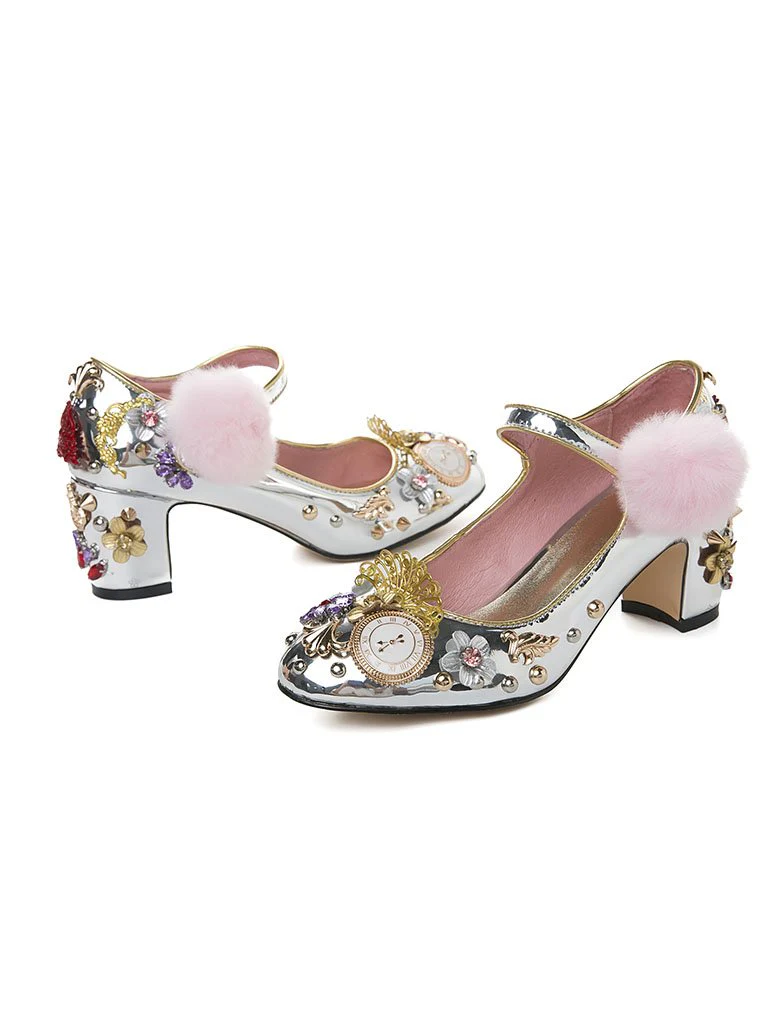 9.5CM Luxury Pompom Chunky Heels Retro Shoes